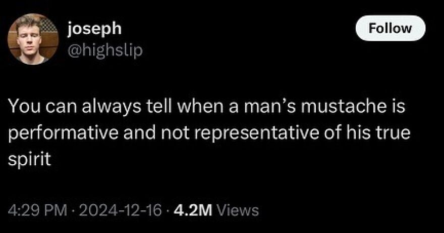 Funny Puncrastination meme about performative mustaches with over 4.2M views on social media.