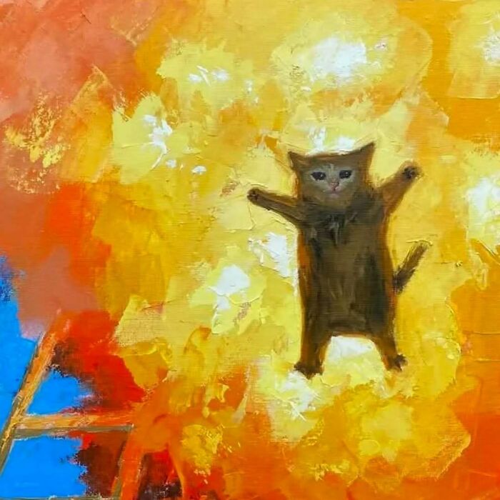 A painting of a cat amidst abstract colorful background, embodying hard-to-mess-with animal imagery.