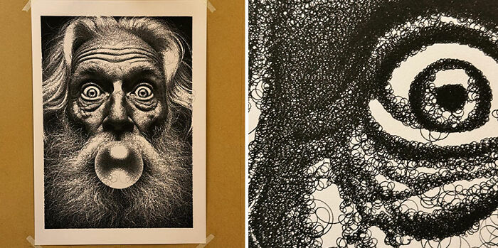 Hand-drawn-style portrait of an elderly man with a detailed close-up showing intricate coded line patterns.