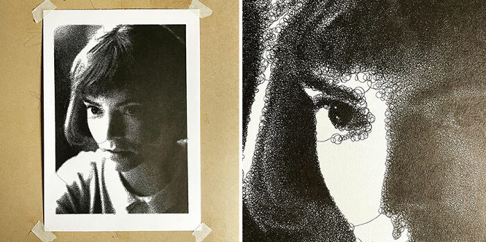 Hand-drawn-style portrait generated using code, showing a close-up of a woman's face in intricate dot patterns.