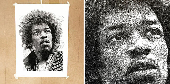 Unique hand-drawn-style portrait generated using code, featuring intricate line details on textured paper.