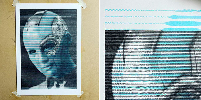 Unique code-generated hand-drawn-style portrait with abstract patterns, showcasing a futuristic figure taped to a board.