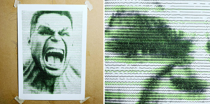 Code-generated hand-drawn-style portrait featuring a close-up of an expressive face using green lines and tape on a board.