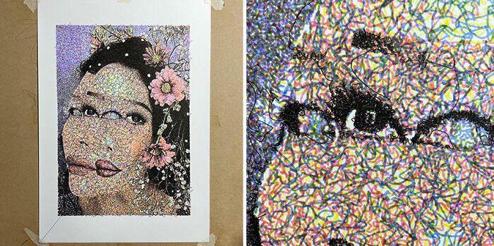 Colorful hand-drawn-style portrait generated with code, featuring intricate patterns and floral elements.