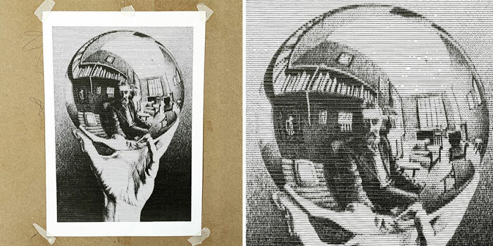 Code-generated hand-drawn-style portrait featuring a reflective sphere and detailed room interior, displayed on textured paper.