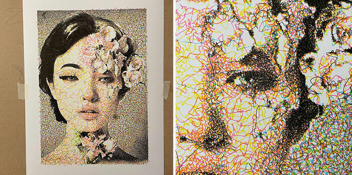 Hand-drawn-style portrait generated using code, showcasing detailed lines and floral elements over a woman's face.