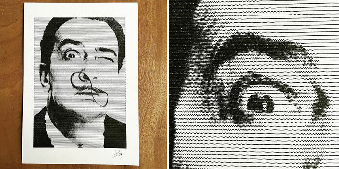 Hand-drawn-style portrait generated by code, showing a black and white artistic representation with detailed line patterns.