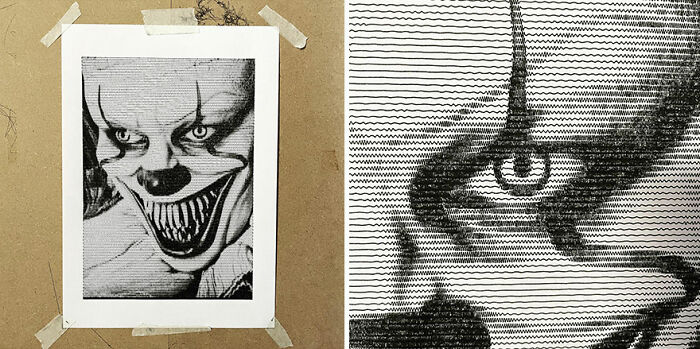 Hand-drawn-style portrait generated with code, featuring a close-up of a clown's face with intricate line details.