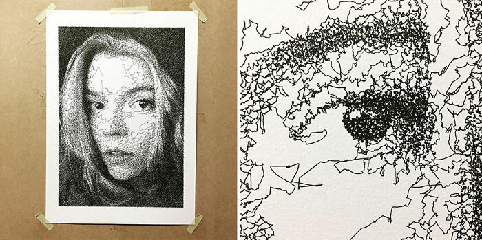 Code-generated unique hand-drawn-style portrait of a person, showcasing intricate lines and patterns.