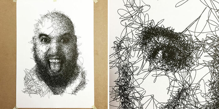 Code-generated hand-drawn-style portrait, featuring abstract, intricately scribbled lines on paper.