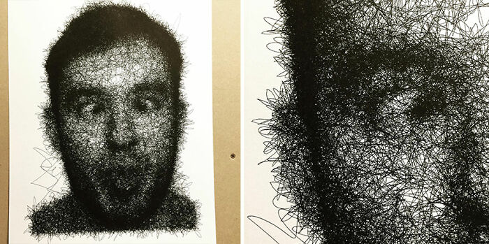 Hand-drawn-style portrait generated using code, featuring abstract lines and textures in black on white paper.