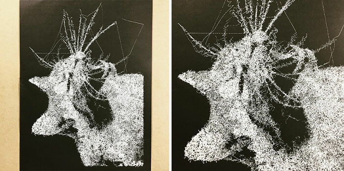 Code-generated unique portrait resembling a hand-drawn style, featuring intricate white lines on a dark background.