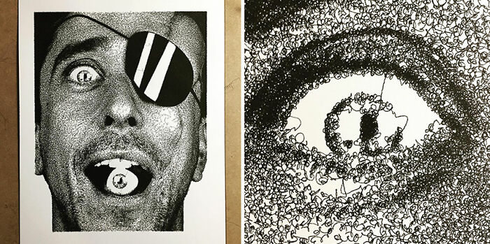 Unique hand-drawn-style portraits created using code, depicting a face with an eye patch and a close-up of an eye.