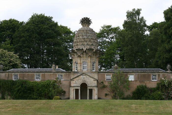 Unique building with a pineapple-shaped roof, lush greenery in the background, highlighting beautiful useless architecture.