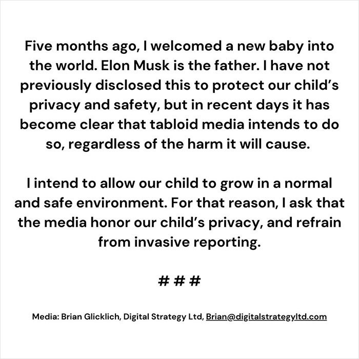 Text statement regarding Elon Musk and child's privacy request, emphasizing media restraint and safety concerns. Text statement regarding Elon Musk and child's privacy request, emphasizing media restraint and safety concerns.