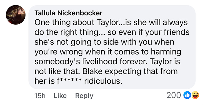 Social media comment about Taylor Swift and Blake Lively with 200 likes. Social media comment about Taylor Swift and Blake Lively with 200 likes.
