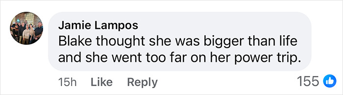 A social media comment about Blake, with 155 likes, discussing power dynamics. A social media comment about Blake, with 155 likes, discussing power dynamics.