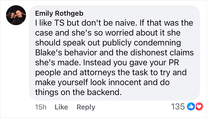 A social media comment alleging Taylor Swift feels manipulated by Blake Lively. A social media comment alleging Taylor Swift feels manipulated by Blake Lively.