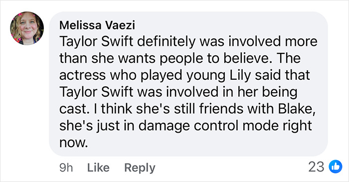 Comment discussing Taylor Swift's involvement and her relationship with Blake Lively regarding recent events. Comment discussing Taylor Swift's involvement and her relationship with Blake Lively regarding recent events.