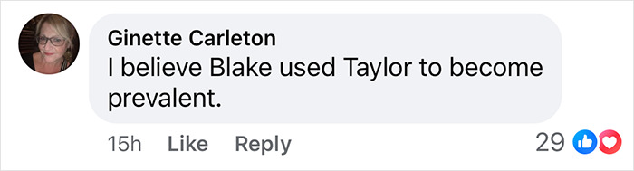 Comment showing a user's opinion on Blake and Taylor's relationship amid a feud. Comment showing a user's opinion on Blake and Taylor's relationship amid a feud.