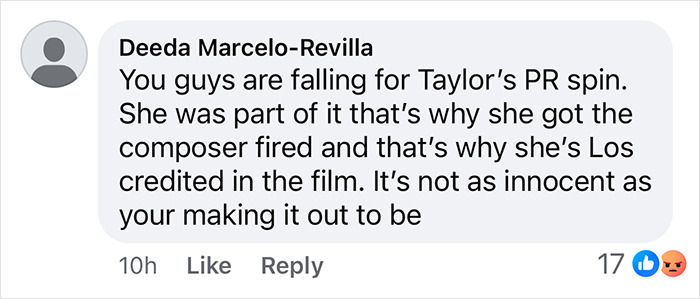 Social media comment discussing Taylor Swift, alleging manipulation and involvement in a film controversy. Social media comment discussing Taylor Swift, alleging manipulation and involvement in a film controversy.