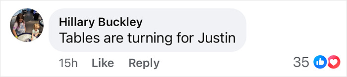 Comment saying "Tables are turning for Justin" with 35 likes and a heart. Taylor Swift tension mentioned. Comment saying "Tables are turning for Justin" with 35 likes and a heart. Taylor Swift tension mentioned.