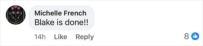 User comment saying "Blake is done!!" with 8 likes, related to Blake Lively. User comment saying "Blake is done!!" with 8 likes, related to Blake Lively.
