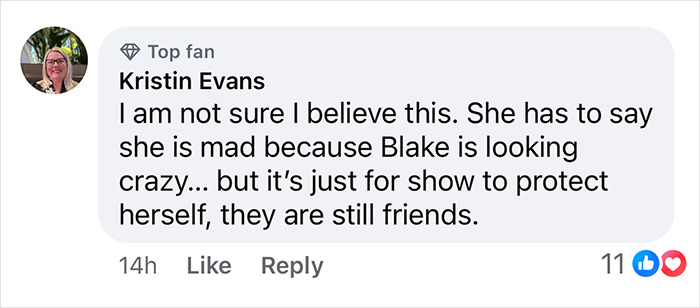 Facebook comment discussing a rumored feud involving Taylor Swift and Blake Lively, expressing skepticism. Facebook comment discussing a rumored feud involving Taylor Swift and Blake Lively, expressing skepticism.