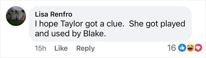 Comment mentioning Taylor, Blake, and manipulation, with likes and reactions. Comment mentioning Taylor, Blake, and manipulation, with likes and reactions.