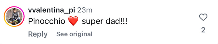 Instagram comment on a post about a son's survival story with a whale, mentioning "super dad. Instagram comment on a post about a son's survival story with a whale, mentioning "super dad.
