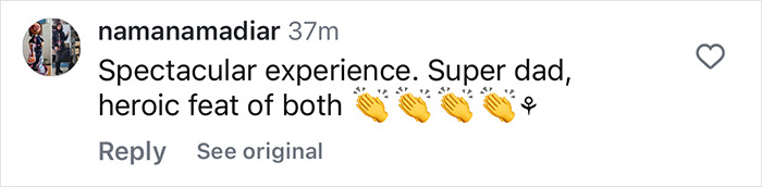 Instagram comment praising son's survival story after whale encounter, calling it a heroic feat. Instagram comment praising son's survival story after whale encounter, calling it a heroic feat.