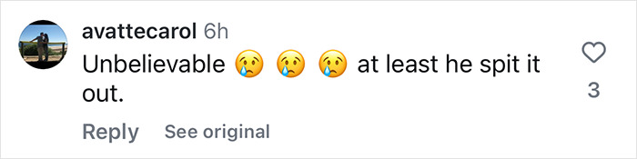 Comment reacting to son's survival story involving a whale, with crying emojis. Comment reacting to son's survival story involving a whale, with crying emojis.