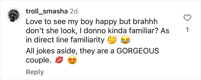 Comment praising Jason Momoa and his new girlfriend, joking about her resemblance to someone familiar. Comment praising Jason Momoa and his new girlfriend, joking about her resemblance to someone familiar.