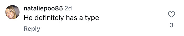 Comment on Jason Momoa's news: "He definitely has a type," with a heart icon and three likes. Comment on Jason Momoa's news: "He definitely has a type," with a heart icon and three likes.