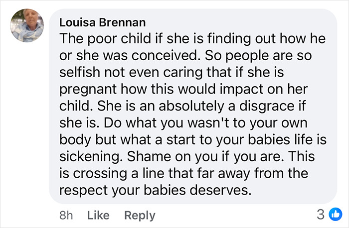 A Facebook comment criticizing Bonny Blue amid pregnancy rumors. A Facebook comment criticizing Bonny Blue amid pregnancy rumors.