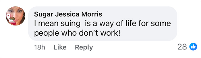 Facebook comment discussing suing, accompanied by a profile picture. Facebook comment discussing suing, accompanied by a profile picture.