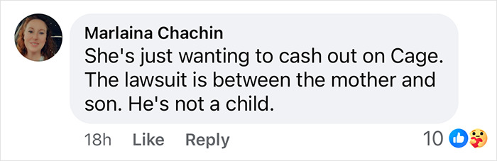 Comment on lawsuit involving Cage's ex and son, mentioning motivations and roles. Comment on lawsuit involving Cage's ex and son, mentioning motivations and roles.