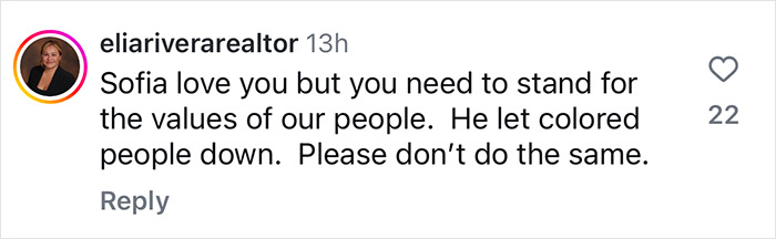 Instagram comment criticizing Sofia Vergara photo with Snoop Dogg, urging to stand for values. Instagram comment criticizing Sofia Vergara photo with Snoop Dogg, urging to stand for values.