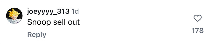 Comment criticizing Snoop Dogg in social media conversation. Comment criticizing Snoop Dogg in social media conversation.