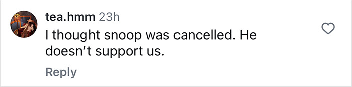 Comment discussing cancellation of Snoop Dogg, questioning support. Comment discussing cancellation of Snoop Dogg, questioning support.
