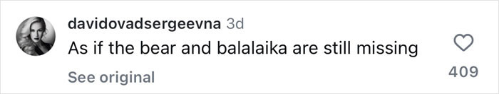 Social media comment referencing missing bear and balalaika. Social media comment referencing missing bear and balalaika.