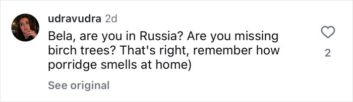 Comment about birch trees and porridge related to Bella Hadid photoshoot in snowy Russia setting. Comment about birch trees and porridge related to Bella Hadid photoshoot in snowy Russia setting.