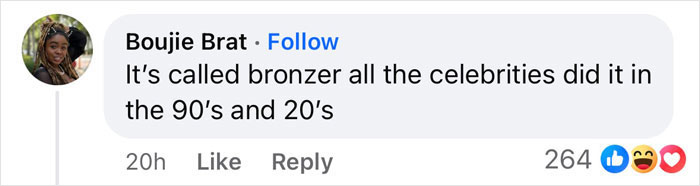 Comment discussing lighter skin tone debate and celebrity bronzer trends, with likes and reactions. Comment discussing lighter skin tone debate and celebrity bronzer trends, with likes and reactions.