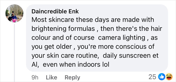 Comment discussing Beyoncé's lighter skin tone, mentioning skincare, lighting, and conscious routines. Comment discussing Beyoncé's lighter skin tone, mentioning skincare, lighting, and conscious routines.