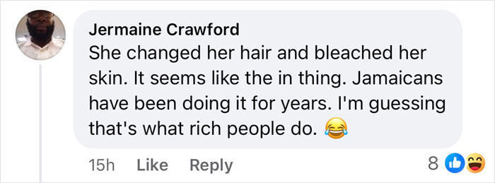 Comment discussing Beyoncé's lighter skin tone at Grammys, suggesting changes to hair and skin, with emojis reacting. Comment discussing Beyoncé's lighter skin tone at Grammys, suggesting changes to hair and skin, with emojis reacting.