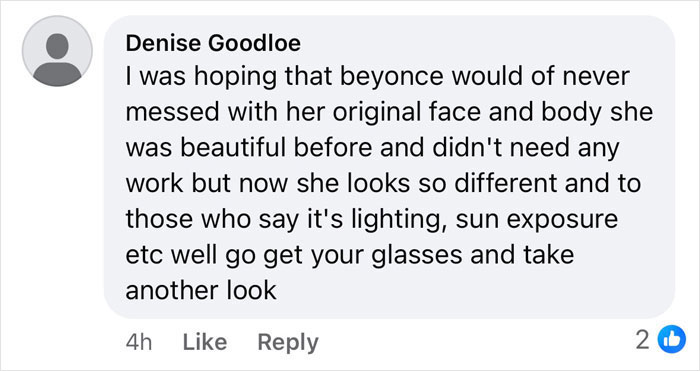 Comment discussing Beyoncé's lighter skin tone at Grammys, sparking viral debate. Comment discussing Beyoncé's lighter skin tone at Grammys, sparking viral debate.