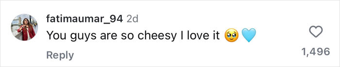 Instagram comment reading "You guys are so cheesy I love it," in response to Benny Blanco's Valentine's Day gift. Instagram comment reading "You guys are so cheesy I love it," in response to Benny Blanco's Valentine's Day gift.