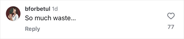 Comment reading "So much waste..." regarding Valentine's Day gift with 77 likes. Comment reading "So much waste..." regarding Valentine's Day gift with 77 likes.