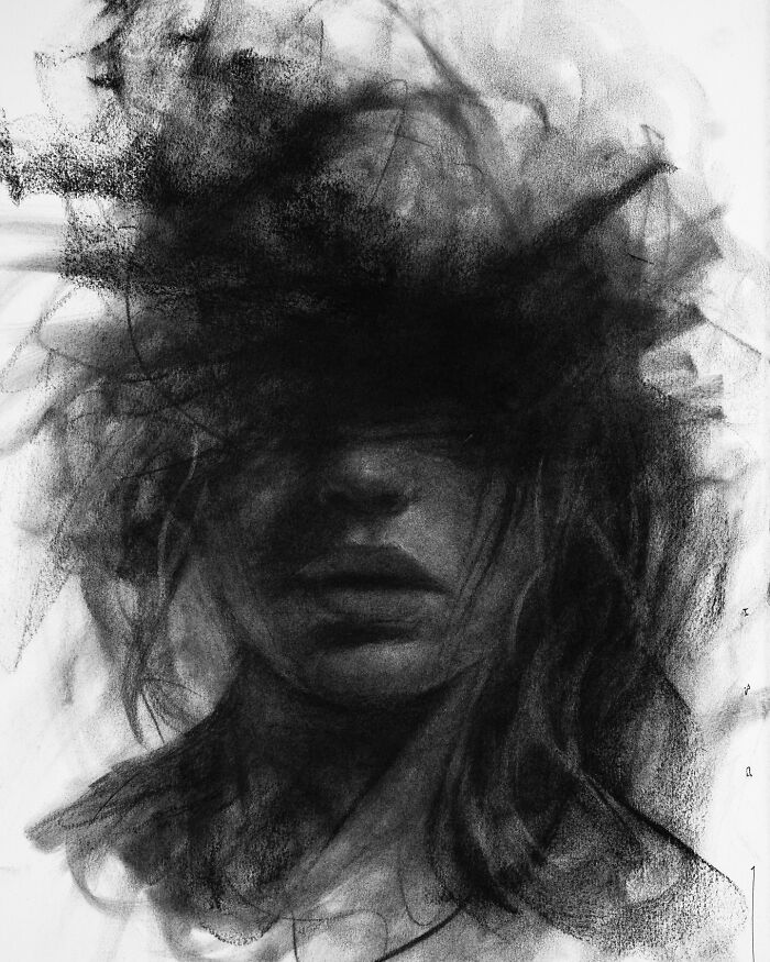Charcoal portrait by Josh Hernandez, featuring abstract black strokes forming a woman's face in an expressive style.