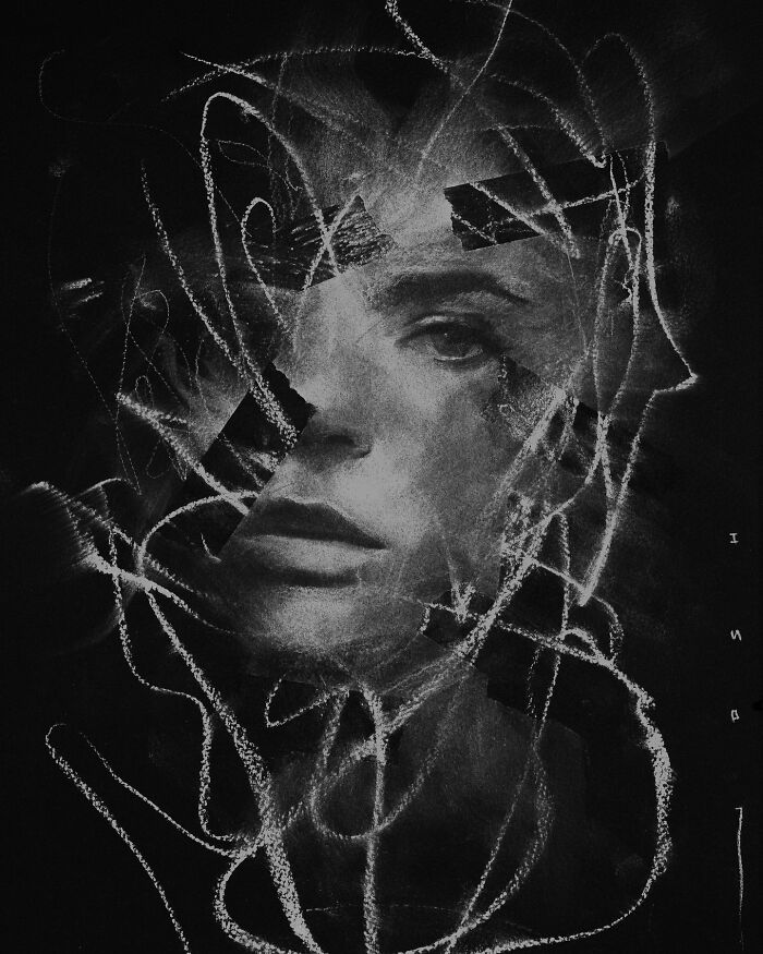 Abstract charcoal portrait by artist Josh Hernandez, featuring a face with swirling lines and expressive shading.